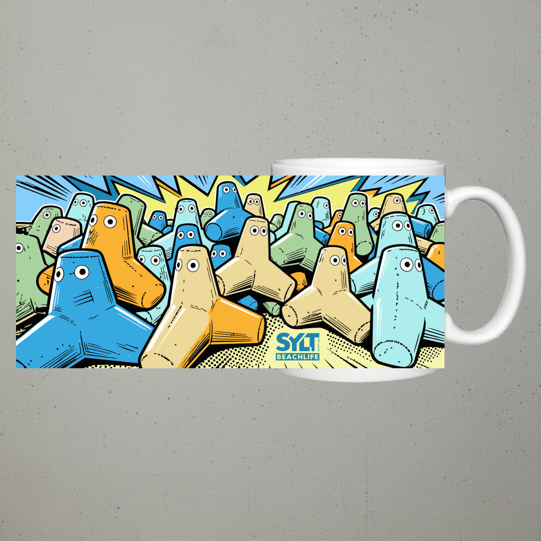 Bunte Tetrapoden der Nordseeinsel Sylt im Popart-Stil, die rundherum auf eine Tasse gedruckt werden.