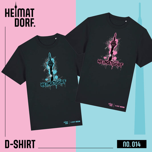 Bild von zwei schwarzen Düsseldorf T-Shirts aus der D-Shirt Kollektion mit der No. 014. Auf den T-Shirts befindet sich ein Graffiti-Aufdruck vom Rheinturm, darunter steht Heimatdorf Düsseldorf. Am rechten unteren Rand ist das Branding der Kollektion Heimatdorf D-Shirt No. 014 gedruckt. Das D-Shirt gibt es mit Akzenten in türkis-blau und rosa.